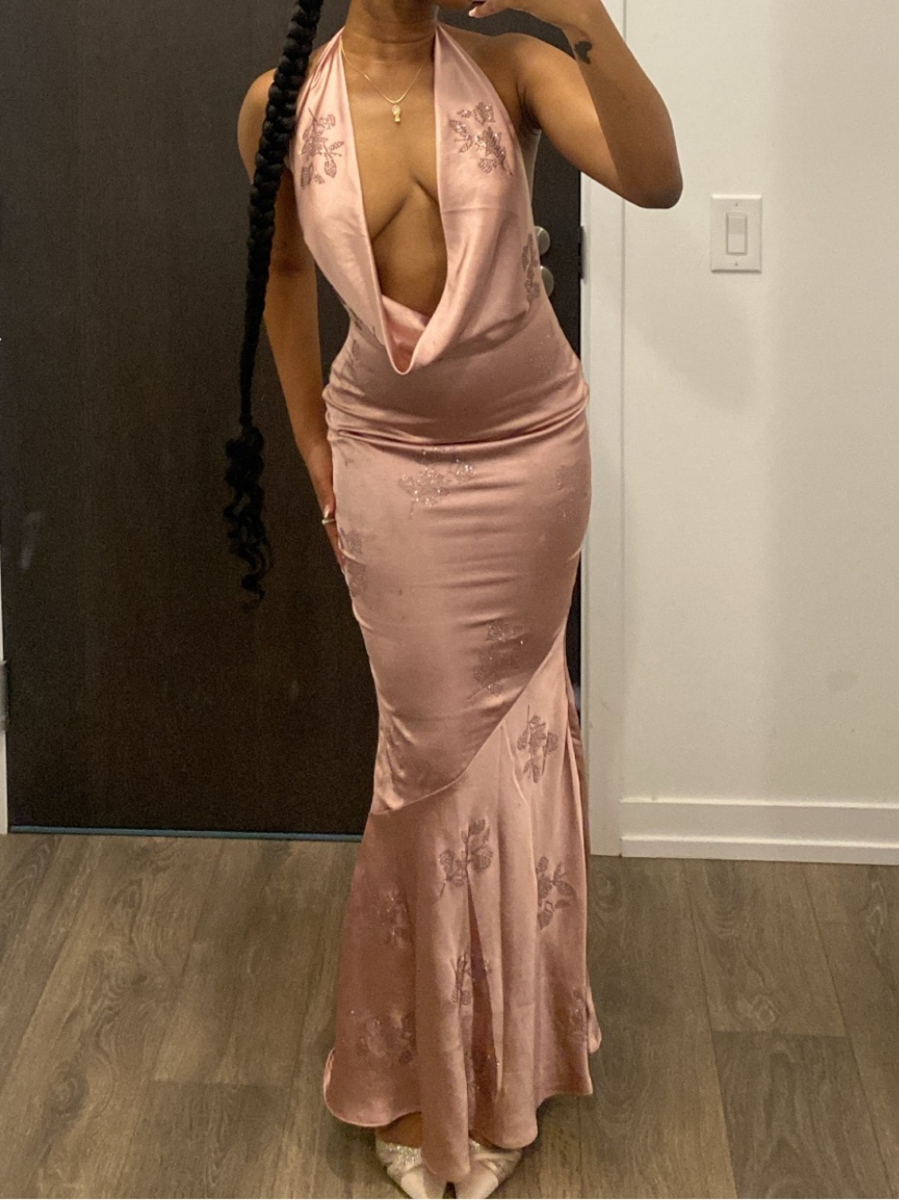 Oh Polly Rose Pink Satin Cowl Backless Evening Gown - Picture 3 of 5